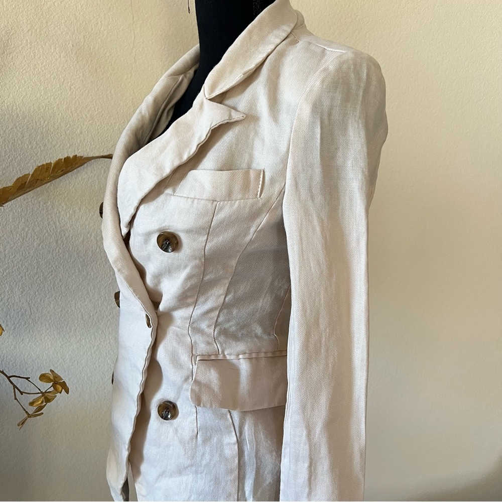 Cat’s y2k Chic Cream Linen Double-Breasted Blazer w Pockets & Brown Buttons - Picture 3 of 10